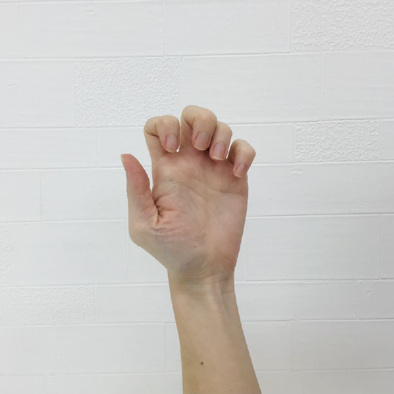 痛みのある側の人差し指から小指の4本の第1関節と第2関節を曲げます。