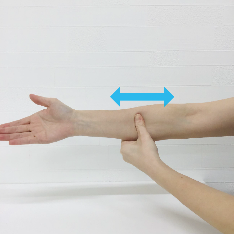 写真のように、前腕の手のひら側に反対側の親指を当てます。親指で軽く筋肉を圧迫しながら、矢印の方向に動かすようにしてマッサージします。少しずつ場所を変えながら、全体的にマッサージします。