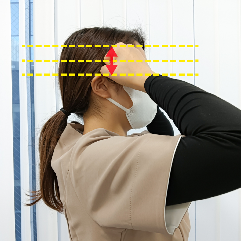 耳の上を3段階に分けて皮膚を動かすように上下に細かく手を動かしてマッサージします。1段階につき、10秒くらいの長さを目安に行います。